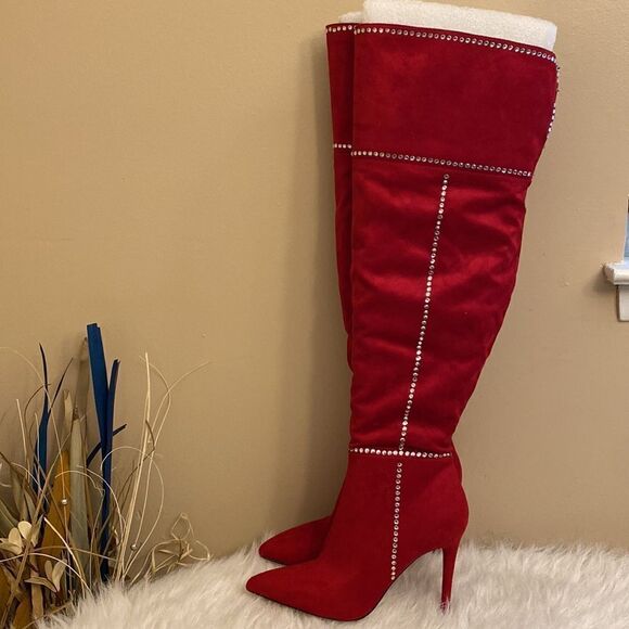 NWOT Jessica Simpson Women's Red Studded Pointed Toe Over Knee Boots Size: 9 - Picture 6 of 16